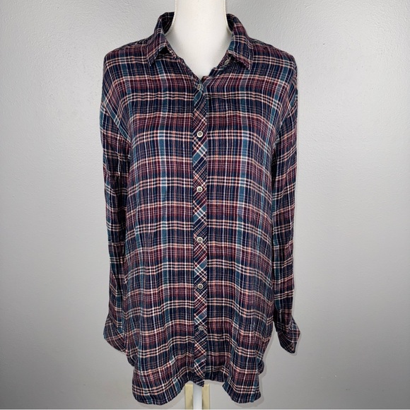 Caslon Women’s Small Navy Burgundy Teal Plaid Boyfriend Fit Tunic Button Up - Picture 1 of 13